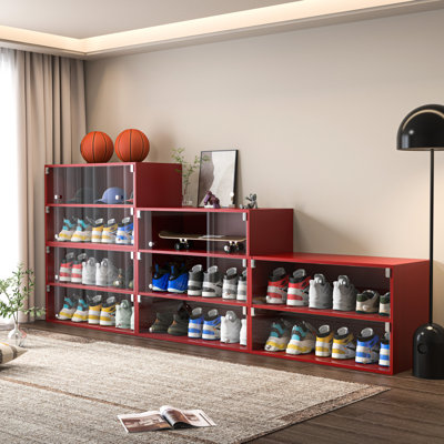 Armoire de rangement pour chaussures à DEL rouge - fabriquée de manière experte en bois, portes en verre de 1/4 po, pouvant accueillir 6 espadrilles, empilables, 1 à 2 tiroirs, boîte lumineuse de style américain avec profondeur de 34,45 po, panneau de particules