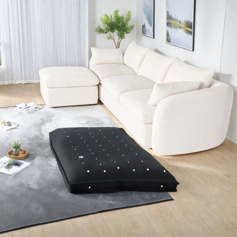 Canapé d'angle à compression, en mousse chenille blanc laiteux, style moderne et confortable.
