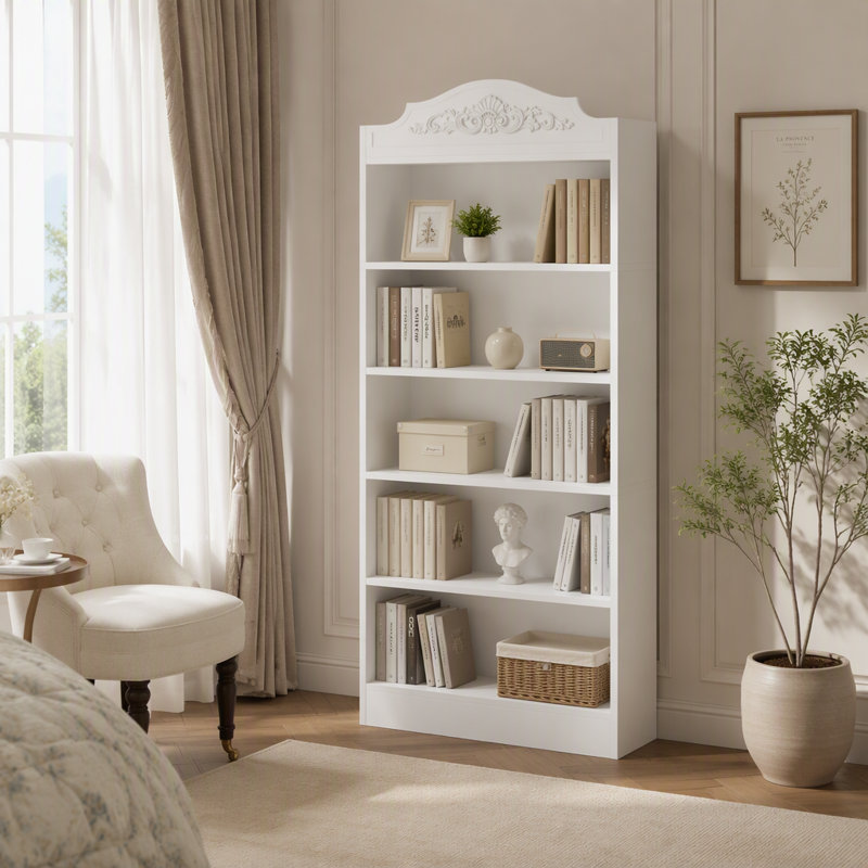 Five Tier Freestanding Bookcase with Relief Pattern for Organized Home Storage Display