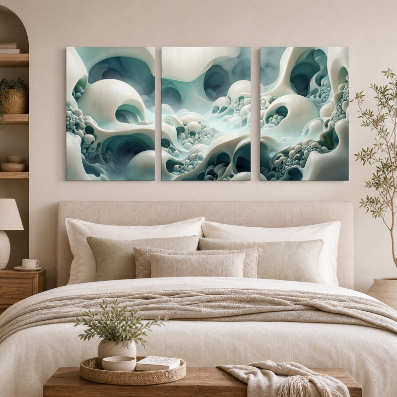 Ensemble de 3 toiles murales abstraites aux formes organiques 3D turquoise et blanches, 30"H x 20"W x 3pcs