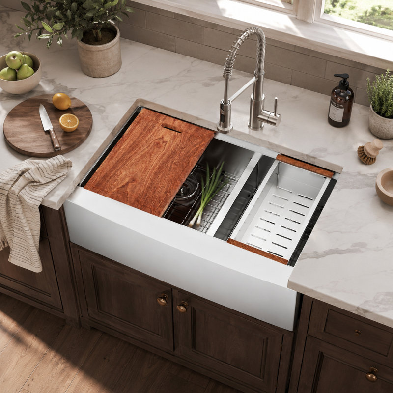 Évier de cuisine en acier inoxydable 36 po x l 22 po avec station de travail à tablier double 60/40 et accessoires