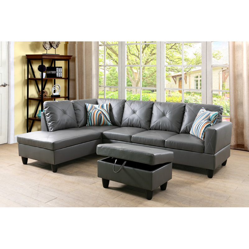 Faux Leather L-Shaped Sectional Left Hand Facing, Gray Faux Leather