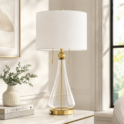  Aadyn 28" Modern Glam Glass Table Lamp USB Charging Pull Chain Soft Lighting for Bedroom Living Room