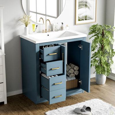 Ensemble de meuble-lavabo 30 po avec lavabo en céramique, armoire de rangement en bois massif, ensemble de meuble-lavabo autoportant avec 3 tiroirs et portes à fermeture douce