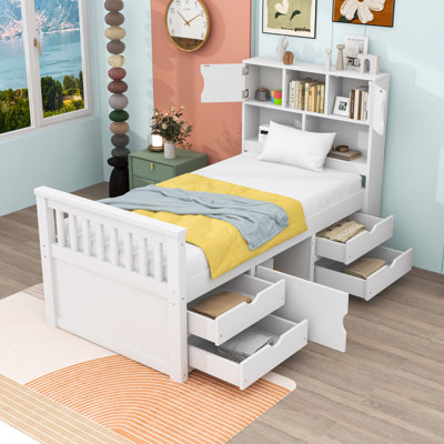 Base de lit plateforme simple avec tiroirs de rangement et tête de lit bibliothèque