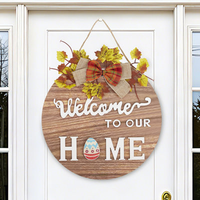 Seasonal Welcome Home Wooden Door Wreath Sign, 22 Pieces Interchangeable Holiday Front Door Hanging Decorations With Floral Bows & Replaceable Festival Ornaments