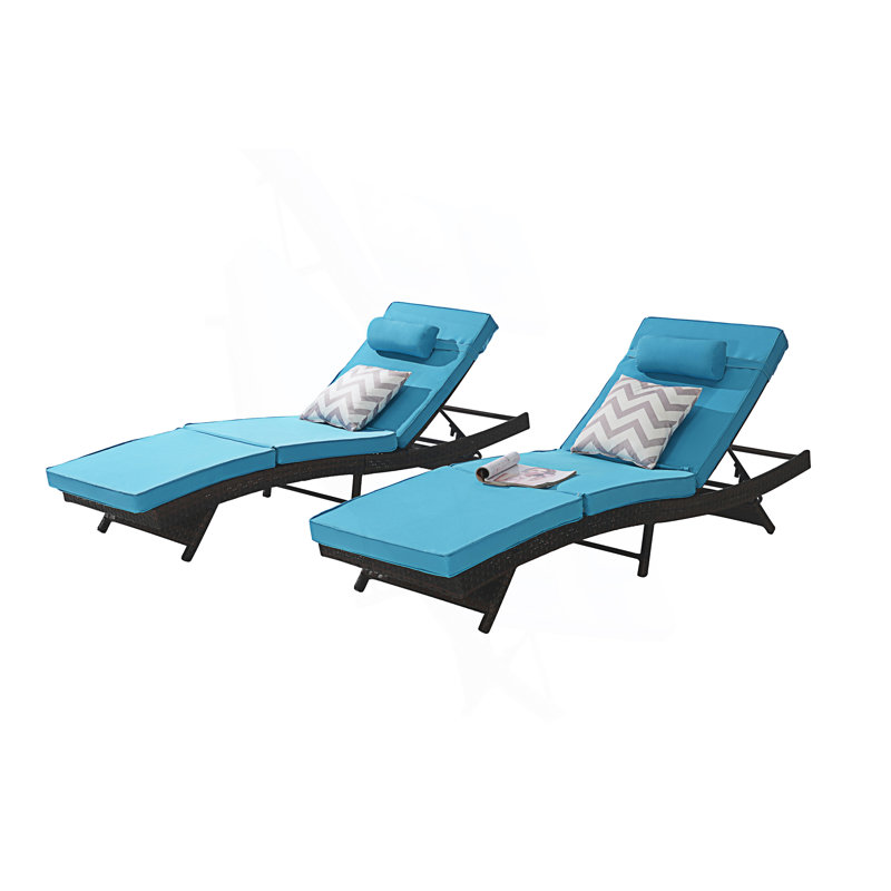 Set Of 2 Outdoor Long Reclining Chair, Reclining Lounge Chair, Lawn Sunbathing Chairs, Light Blue, Brown