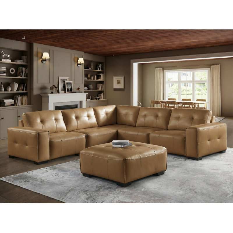 Upholstered Breathable Leather 6-piece Sofa Sectional With Ottoman, Tufted Cushions, Khaki Brown Faux Leather