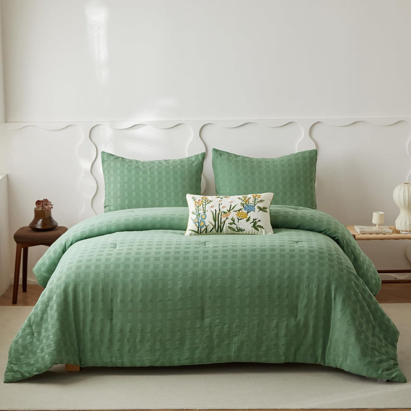 Ensemble d'édredon 100% coton gaufré, Lit simple 1 lit moelleux 1 taie décorative 1 tai, Vert forêt