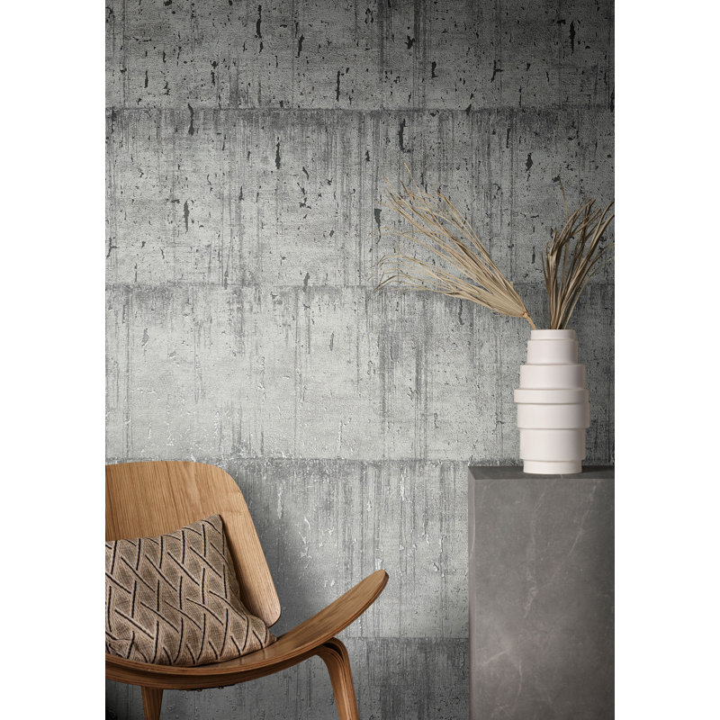 Air Collection Metallic Aged Concrete Textured Wallpaper Roll, Silver