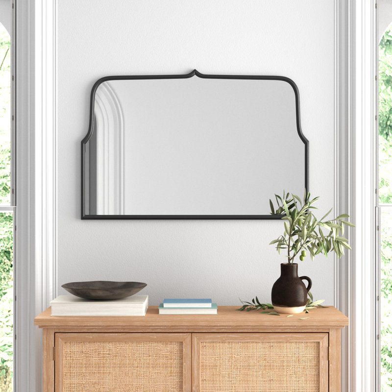 Devyn Arched Distressed Metal Framed Wall Mirror, 31.5" x 48", Distressed Black