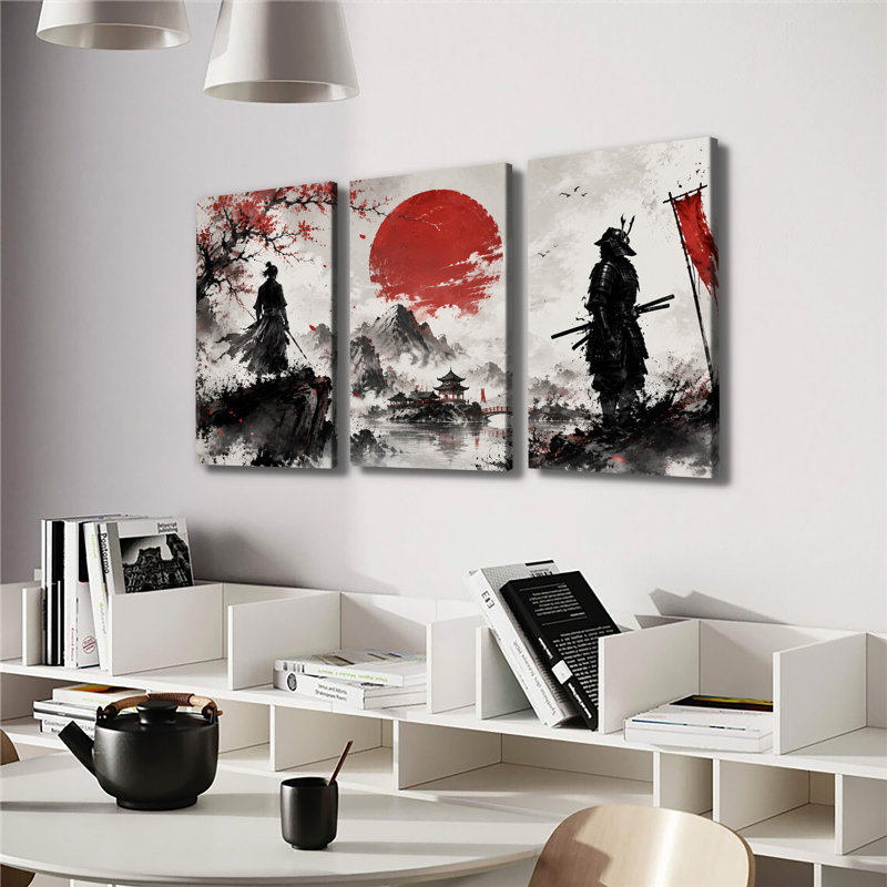 Guerrier traditionnel japonais, art mural 3 panneaux, Samurai Ronin, silhouette, cerisier rouge, soleil géant, montagne brumeuse