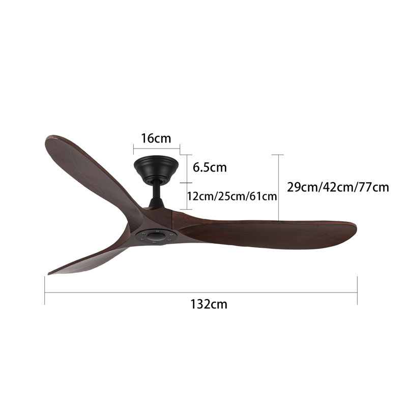 Solid Wood Ceiling Fan with  Remote, 132cm, Brown