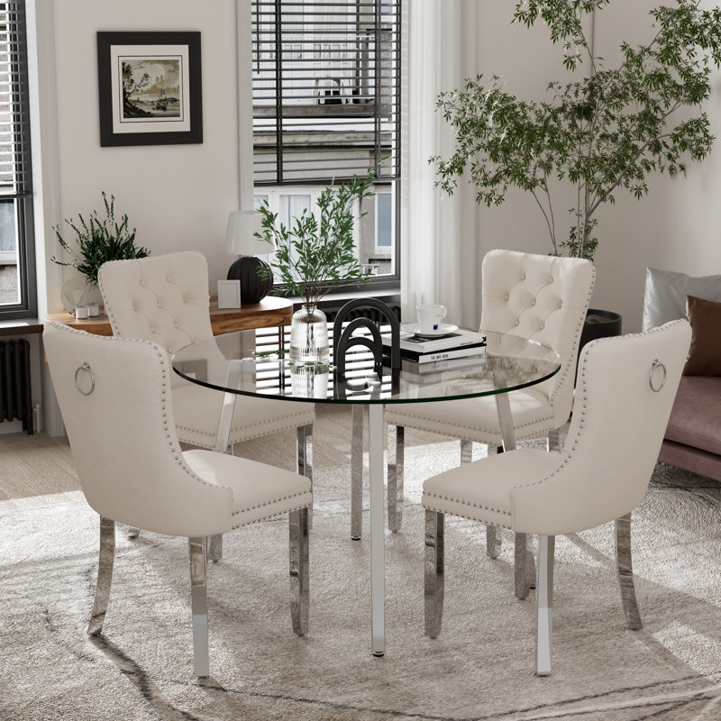 Ensemble de table de salle à manger ronde en verre, Beige, Argent argent, 5