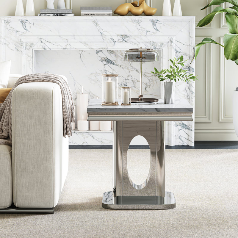 22.83" Square Marble End Table, Modern Faux Marble Top, Luxury Mirrored Polished Stainless Steel Round Hollow Base, Silver