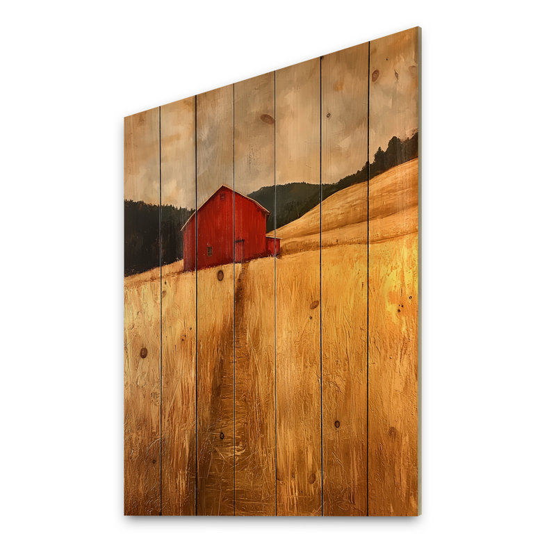 Countryside Golden Fields By The Farmhouse II - Countryside Wood Wall Art - On Natural Pine Wood, 20" H x 10" W x 0.78" D