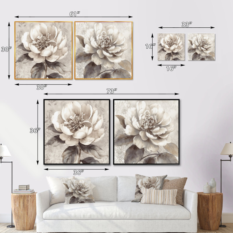 Pivoines grises sur une branche - ensemble de 2 pivoines carrées, Cadre flottant doré, H 16 po x l 33 po