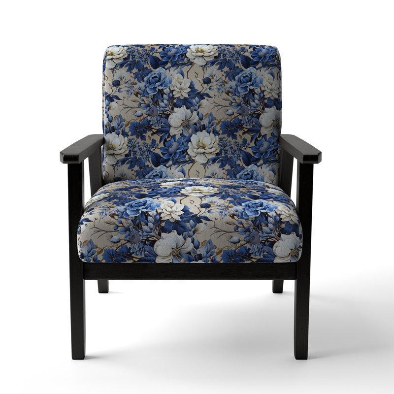 Cobalt Blue Scrollwork Swirls Victorian Pattern II - Upholstered Floral Accent Chair