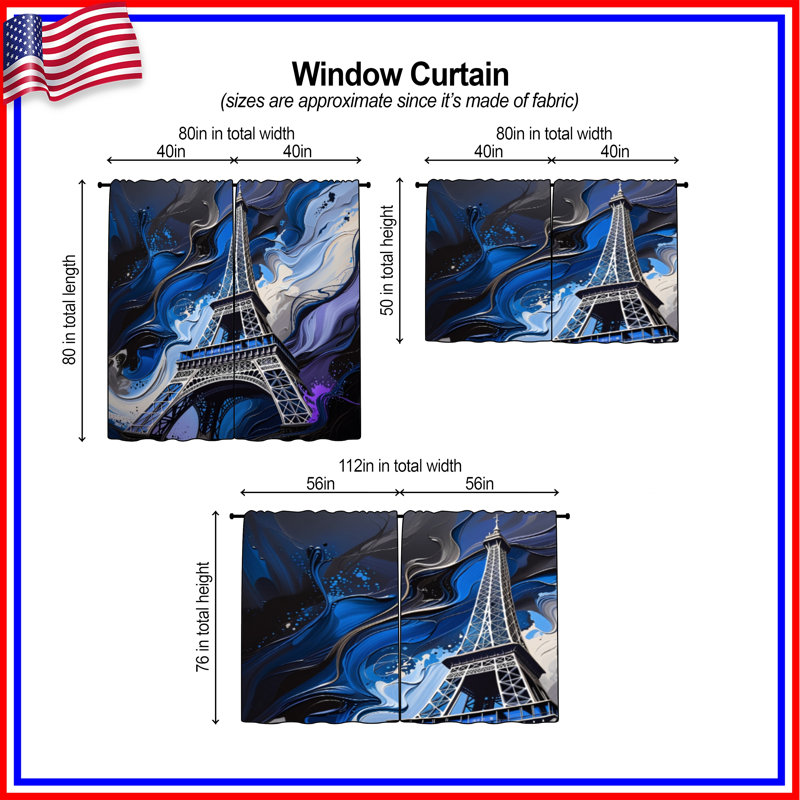 Eiffel Tower Window Curtains Architecture Sheer & Room Darkening - 2 Panels, 20in x 60in - 2 panels, Room Darkening