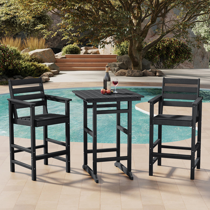 3-Piece HDPE Outdoor Bar Set – 2 Tall Bar Chairs & 1 Square Table, All-Weather Patio Furniture for Poolside, Garden, or Balcony