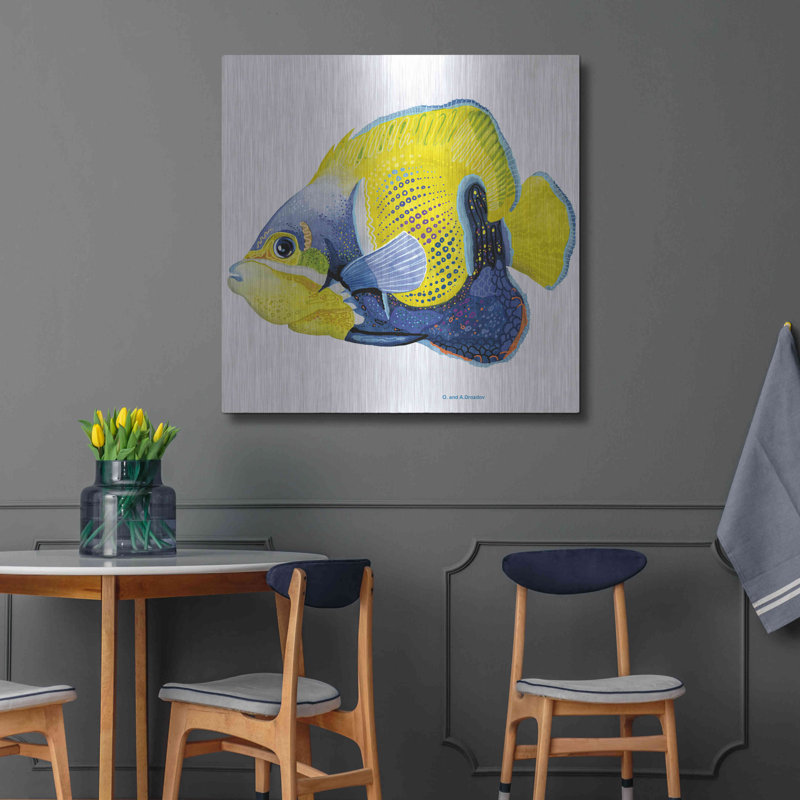 «Fish 3 Blue Yellow» par Olga et Alexey Drozdov, art mural en métal, L 36 po x H 36 po