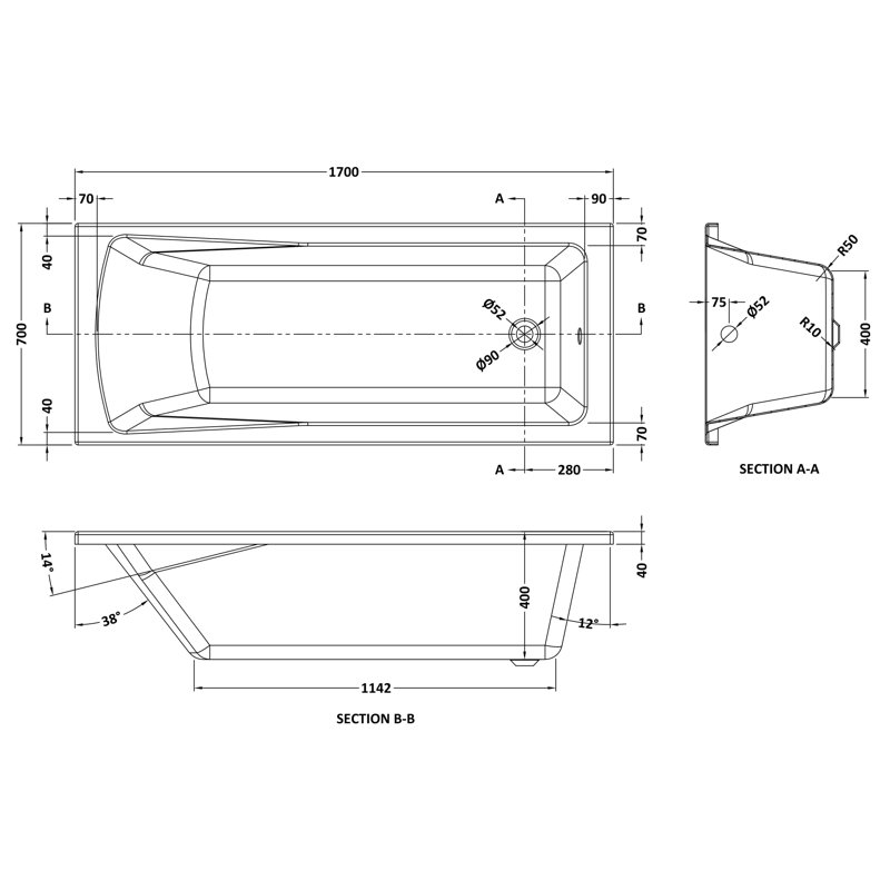 Linton Square Single Ended Bath in White, 170cm x 70cm