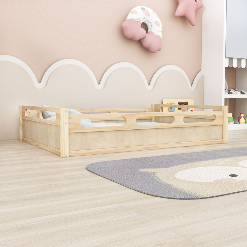 Lit plateforme en bois avec garde-corps, Natural, Full