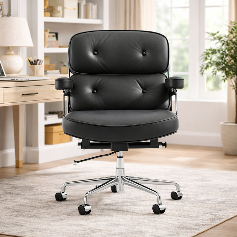 Chaise de bureau en cuir véritable, Noir, noir, noir, noir