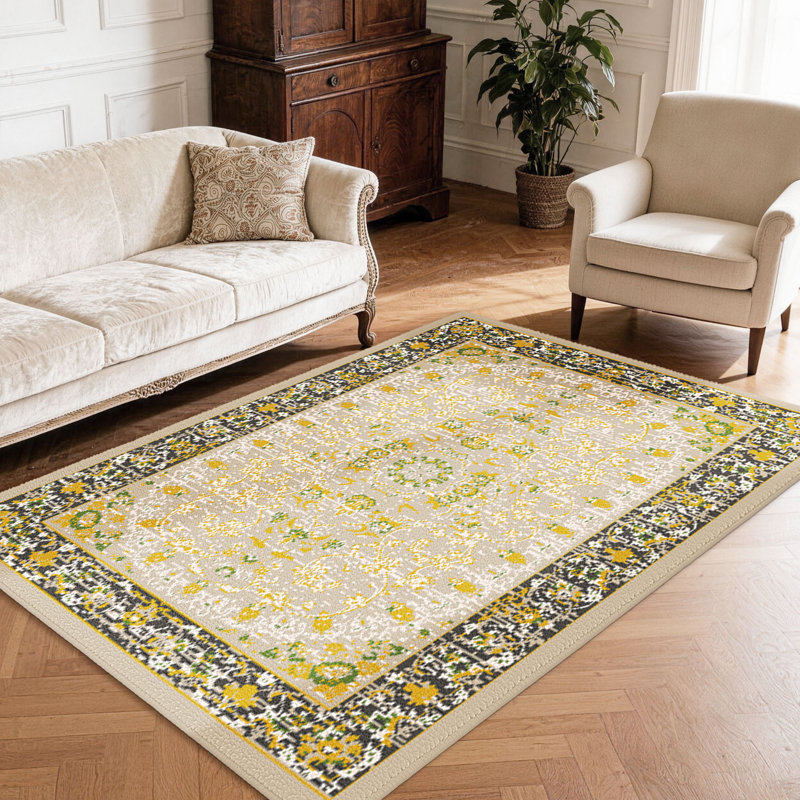 Oriental Floral Area Rug with Gold & Green Design - Traditional Pattern Carpet for Living Room & Bedroom, Rectangle 3'x 5'