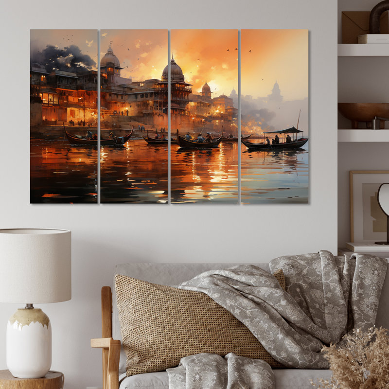 «Indian Art Sunset At», reproduction d'art sur toile 4 pièces