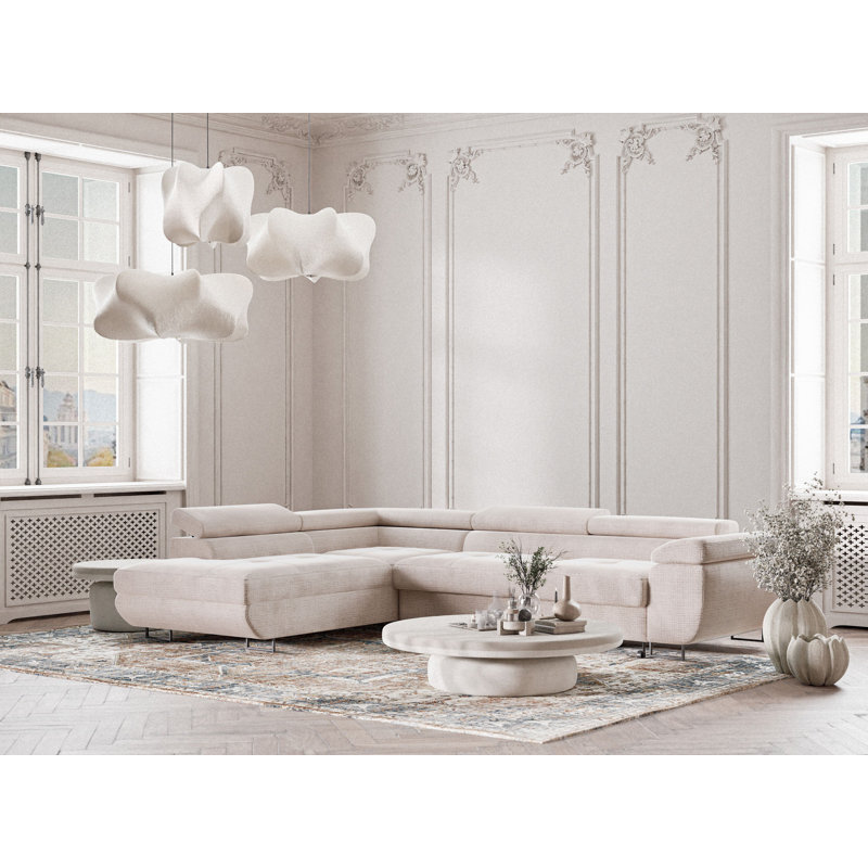 4 Seater Reclining Corner Sofa , Left Hand Facing, Light Beige Polyester/Chenille