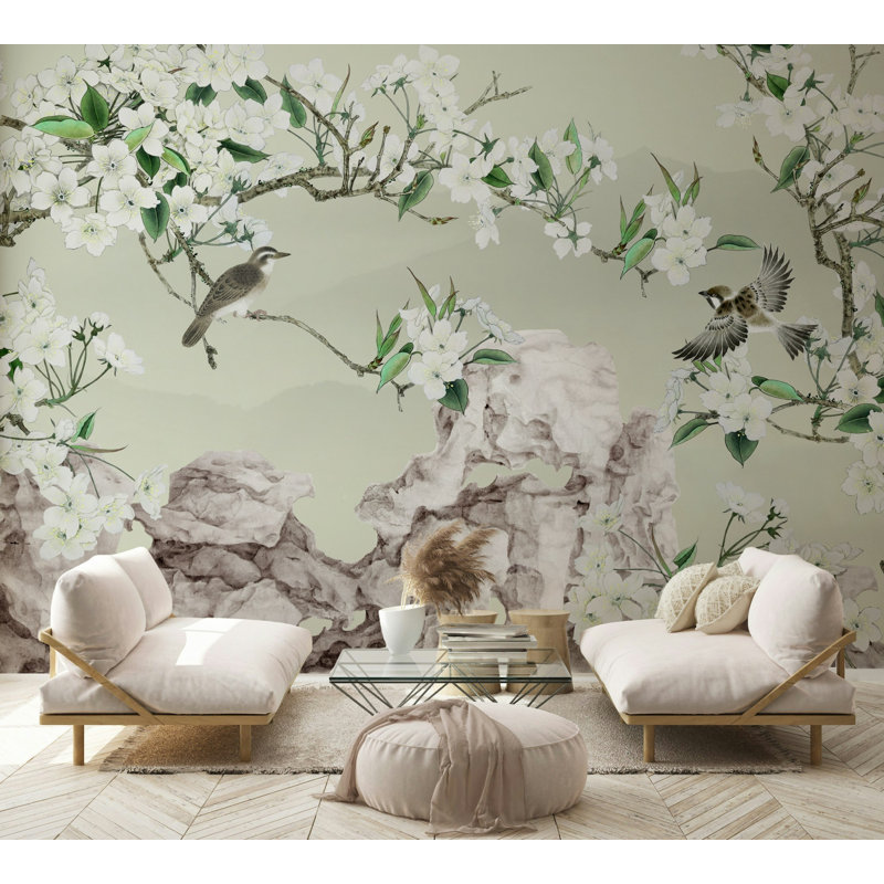 Papier peint vert cerisier cerisier en fleurs, L 75 po x l 112 po