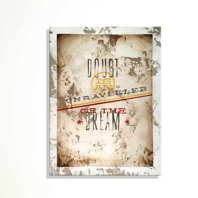 « off thread » par rodney’s, affiche rétro blanche sur toile tendue, H 40 po x l 30 po x P 1,5 po