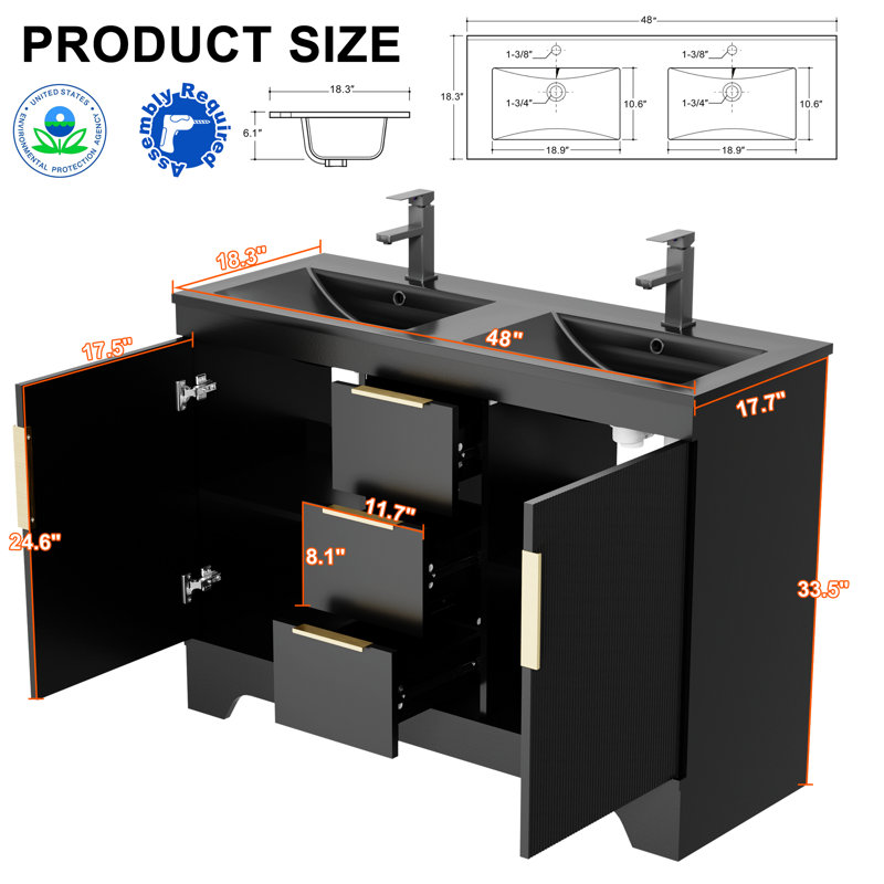 Ensemble de meuble-lavabo double 48 po avec comptoir en résine Skeen, robinet, assemblage requis