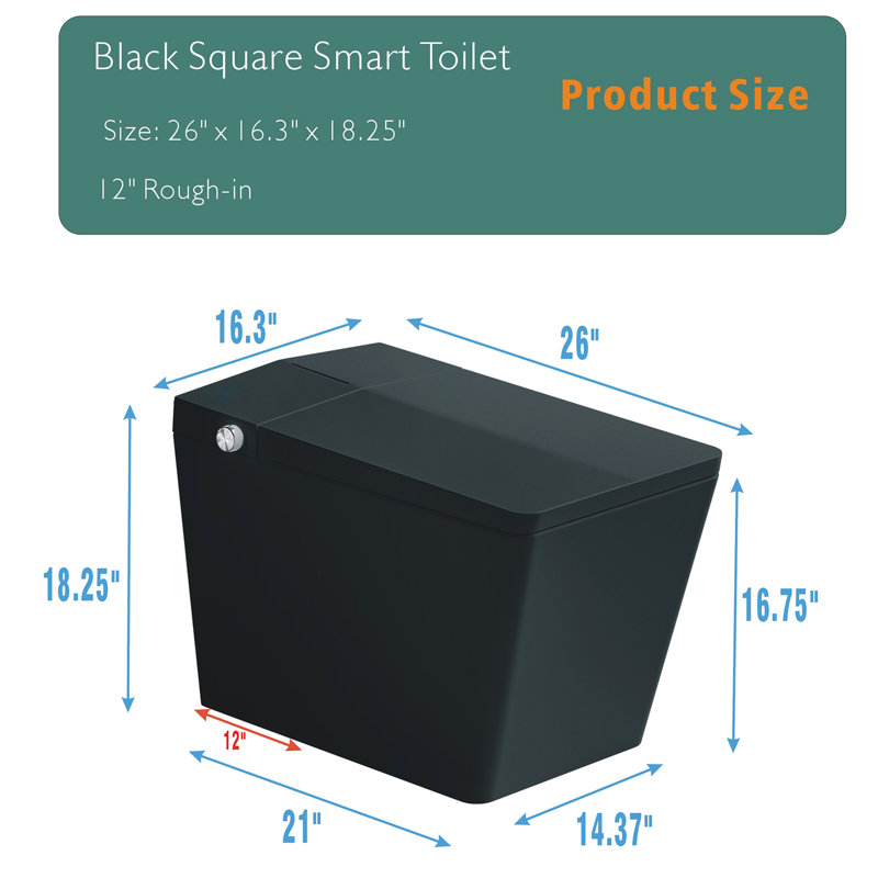 Smart Toilet With Built-In Tank For Bathroom, Auto Flush, Heated Seat, Remote Control, Led Display, Black Square Look Matte Combination