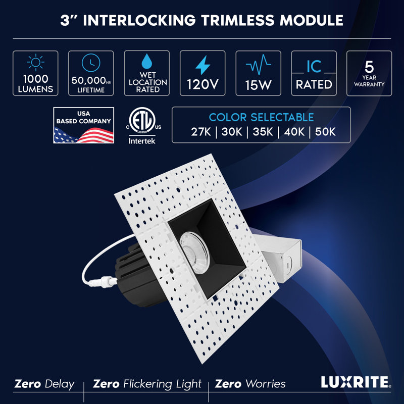 Projecteur encastré sans cadre à DEL 3 pouces avec garniture emboîtable LUXRITE, Twist N 'Lock, 5CCT, 15W, 1000LM, CRI90, faisceau à 38 °, intensité variable, paquet de 6 ETL