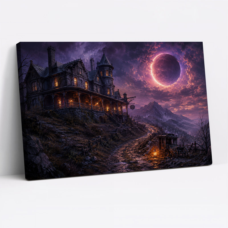 Art mural sur toile Halloween manoir gothique avec chariot et ciel éclipse mauve, H 20 po x l 30 po