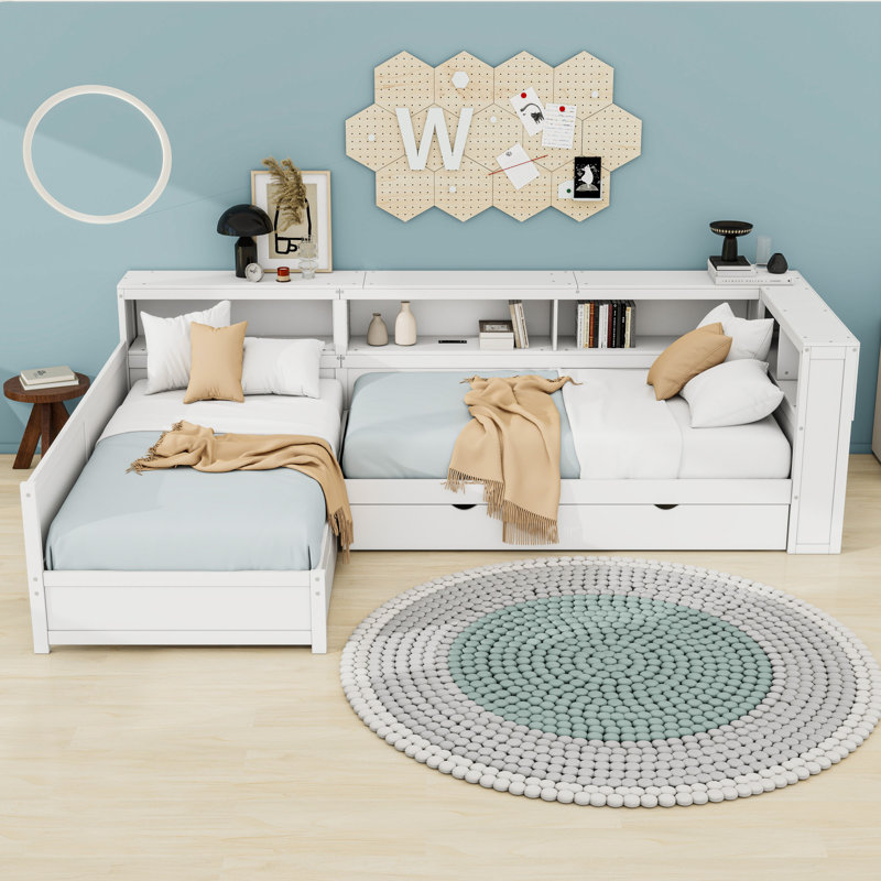 Lit plateforme simple en L avec lit gigogne simple, rangement intégré et station de charge, Blanc