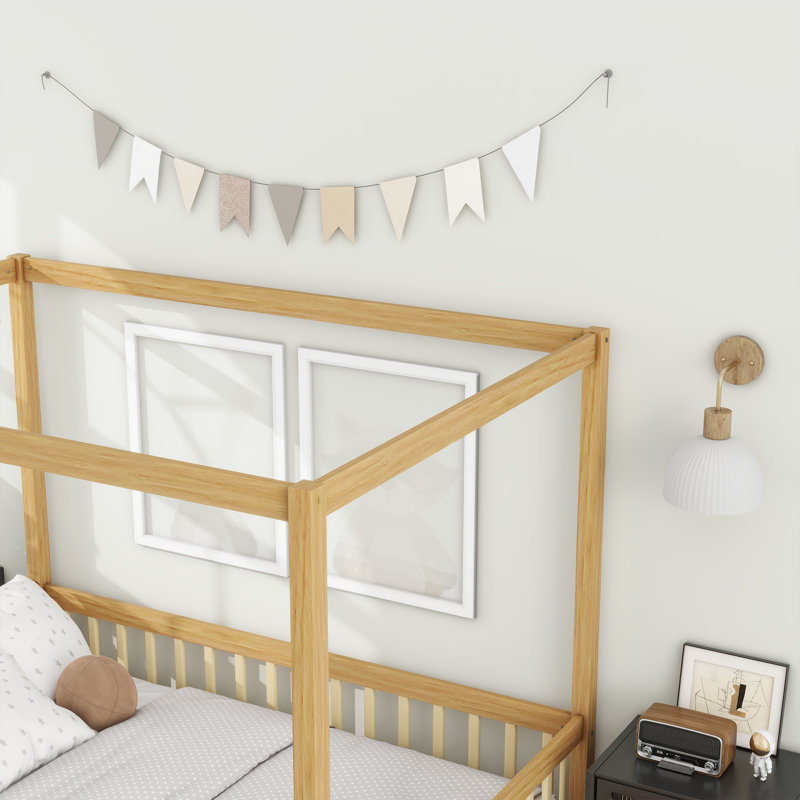 Canopy Frame Floor Bed With Fence, Guardrails, Natural, Full