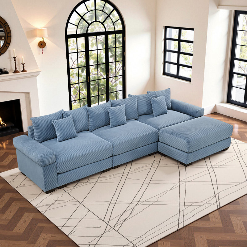 4 - Piece 130" Oversized Cloud Modular L-Shape Sectional Couch, Corduroy Fabric Upholstered Sofa With Ottoman, Deep Seat Wide Armrest Ergonomic Design