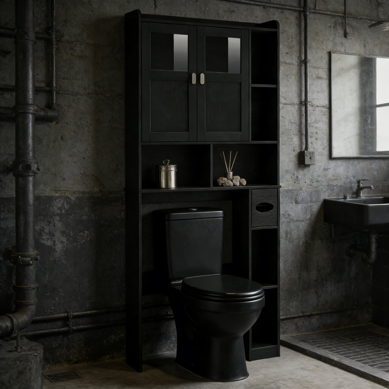 Armoire de rangement au-dessus de la toilette avec portes en verre trempé et tablettes réglables, organisateur de salle de bain autoportant pour articles de toilette et linge de maison