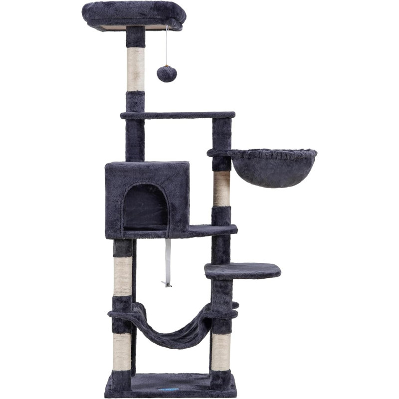 Arbre à chat avec grand hamac, tour de chat à plusieurs niveaux pour chats d'intérieur, maisonnette pour chat avec poteaux à griffes recouverts de sisal et perchoir supérieur, gris fumé MPJ050G