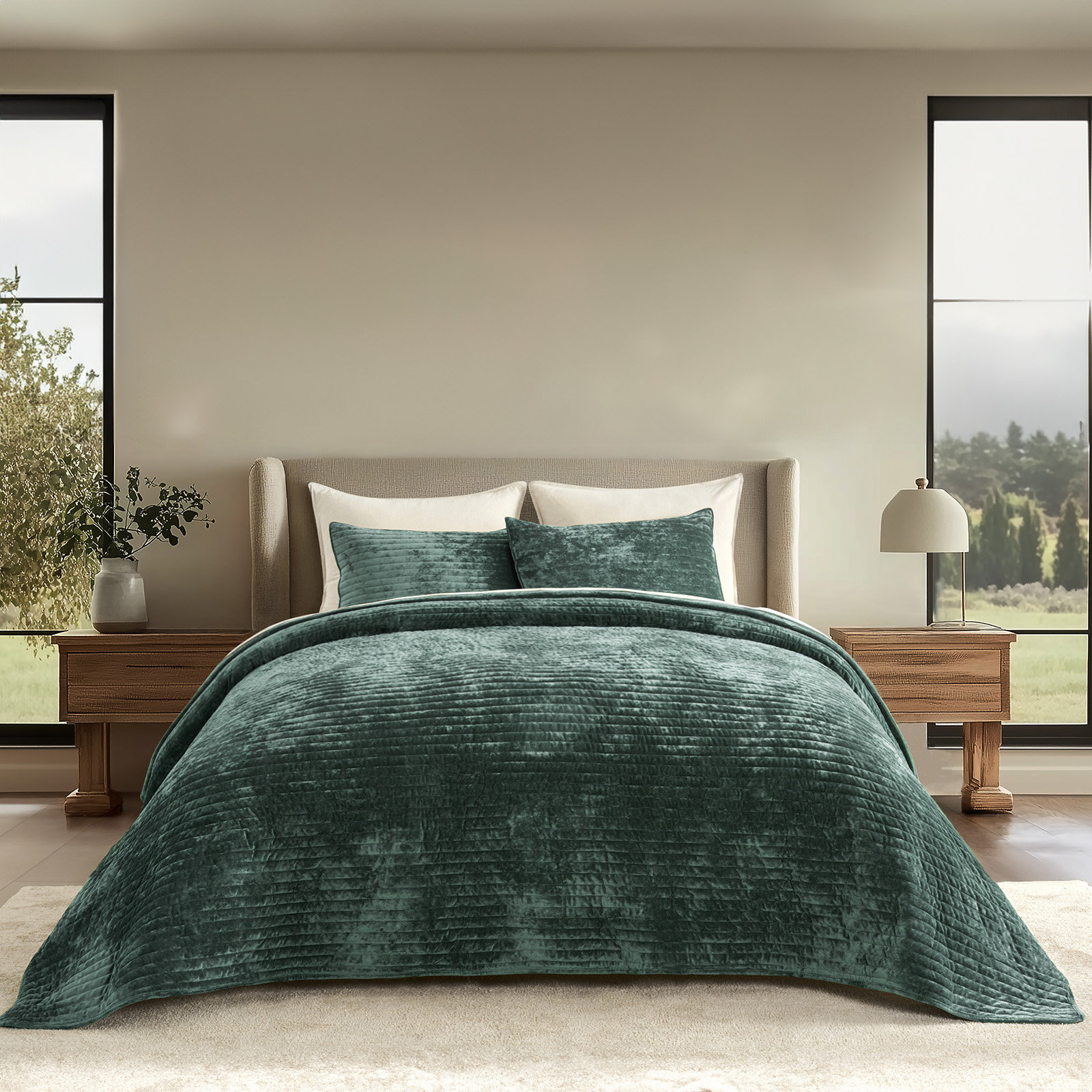 Velvet Quilt Set, King, Dark Green