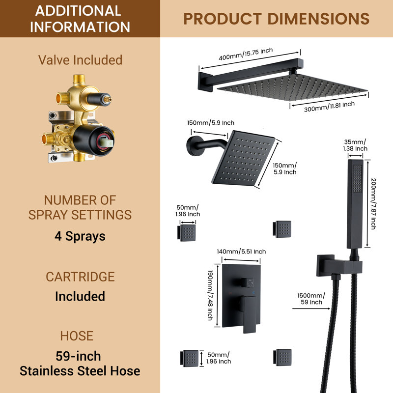 Rainfall Symphony 4-Funtion 12inch Dual Shower Head Shower System with Handheld and Body Jets