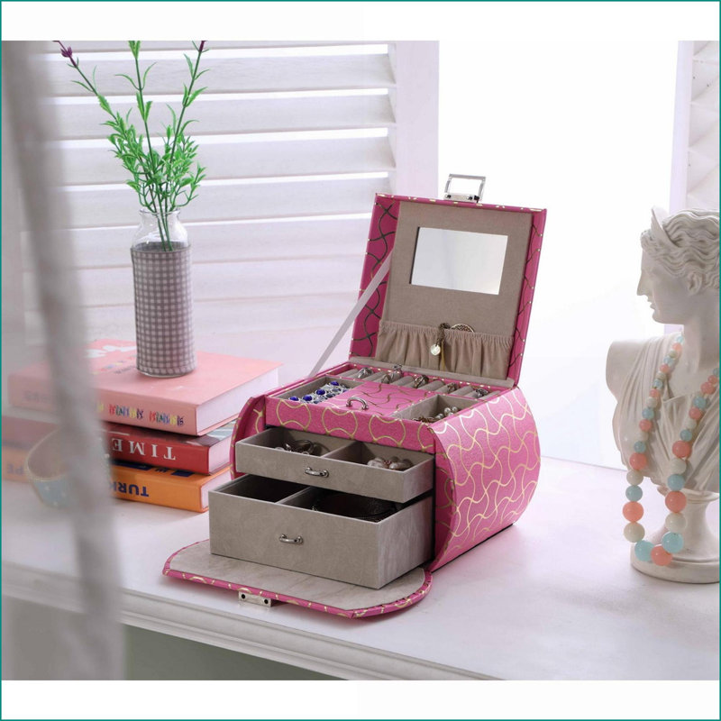 Boîte à bijoux pour bijoux, format voyage avec miroir | Similicuir rose vif