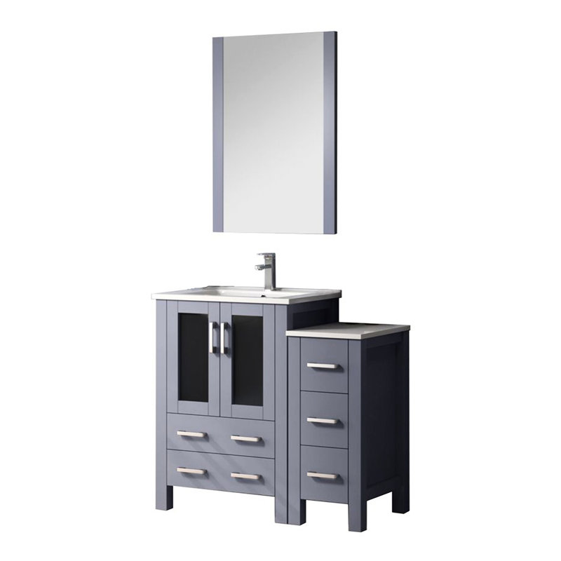 36 po Large meuble-lavabo gris foncé avec armoire coulissante latérale, robinet, comptoir en céramique blanche et 22 robinets décoratifs pour salle de bain à miroir, surface, mur