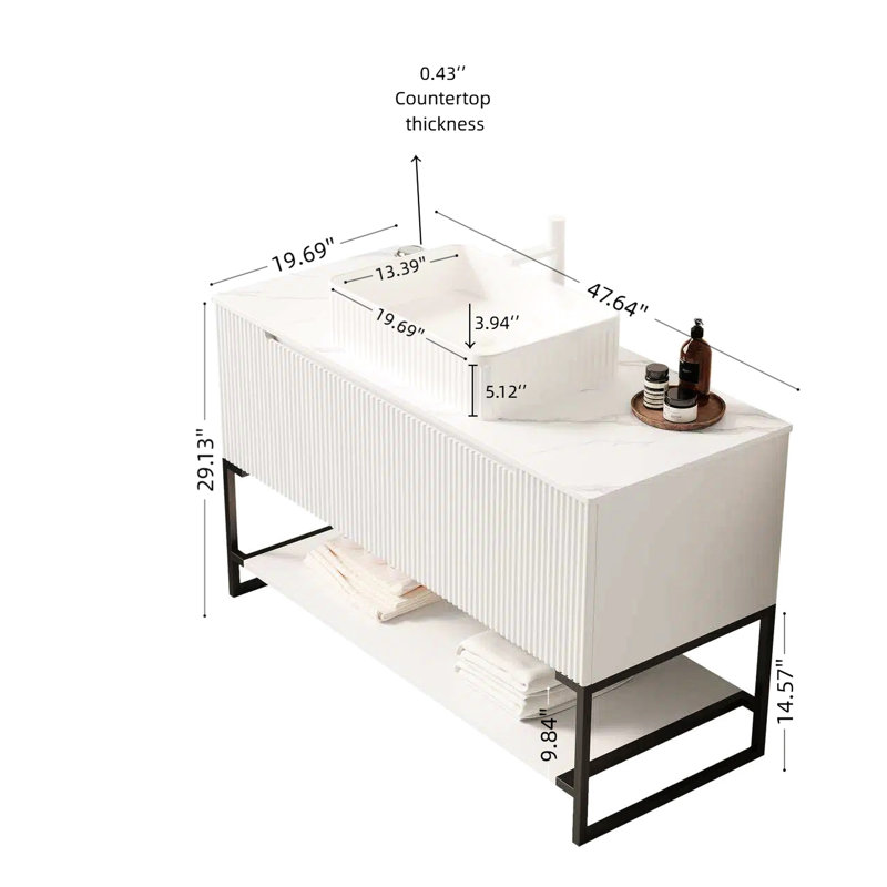 Meuble-lavabo 48 po avec lavabo vasque, armoire à 3 portes, tablette ouverte, lavabo rectangulaire en céramique blanche et comptoir en pierre frittée pour le rangement