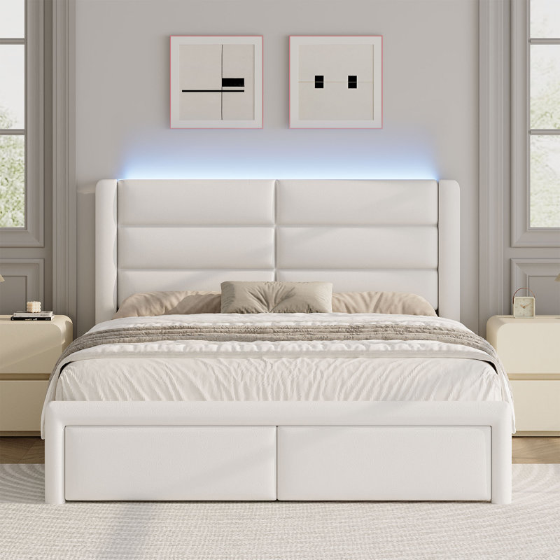 Modern Faux Leather Bed Frame with Upholstered Headboard and LED Lights, Queen, White