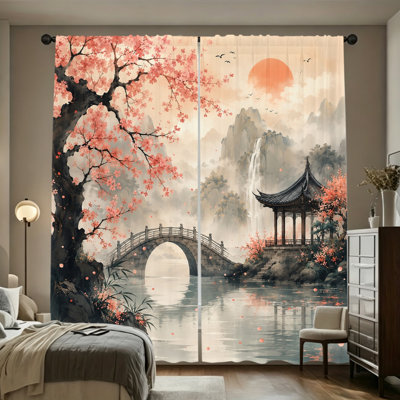 Rideaux filtrant la lumière à 2 panneaux, pont de pagode en cerisier en fleurs, décor de paysage de jardin japonais traditionnel, conception de poche à tringle facile à suspendre, rideaux de fenêtre toutes saisons pour la décoration du salon de la chambre à coucher