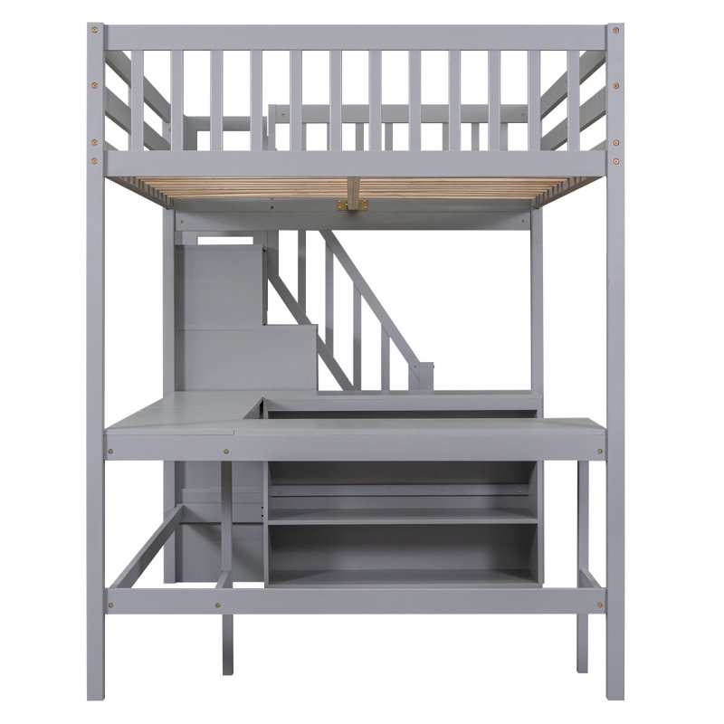 Lit mezzanine avec bureau intégré en forme de L et tablettes de rangement à trois niveaux, et escalier de rangement attaché, Gxaae